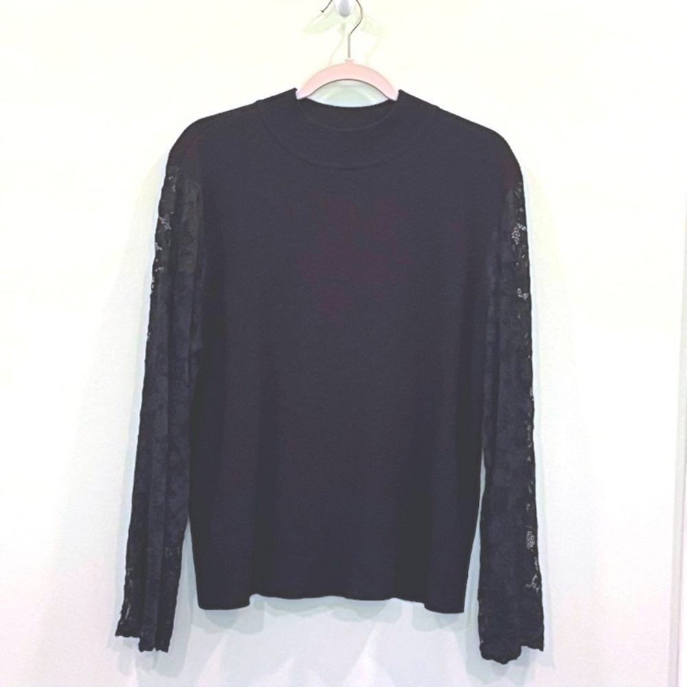 Vince Camuto 2X Romantic Lace Sleeve Mock Neck Ribbed Knit Sweater Top Black EUC
